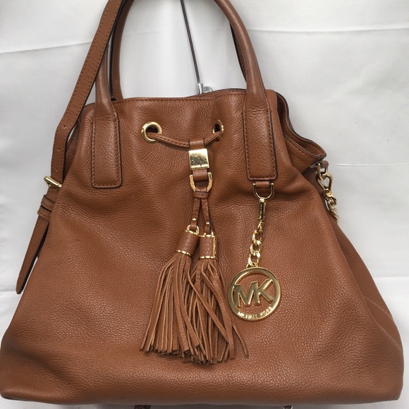 Michael Kors Camden Cognac Leather Drawstring Shoulder Tote Snap